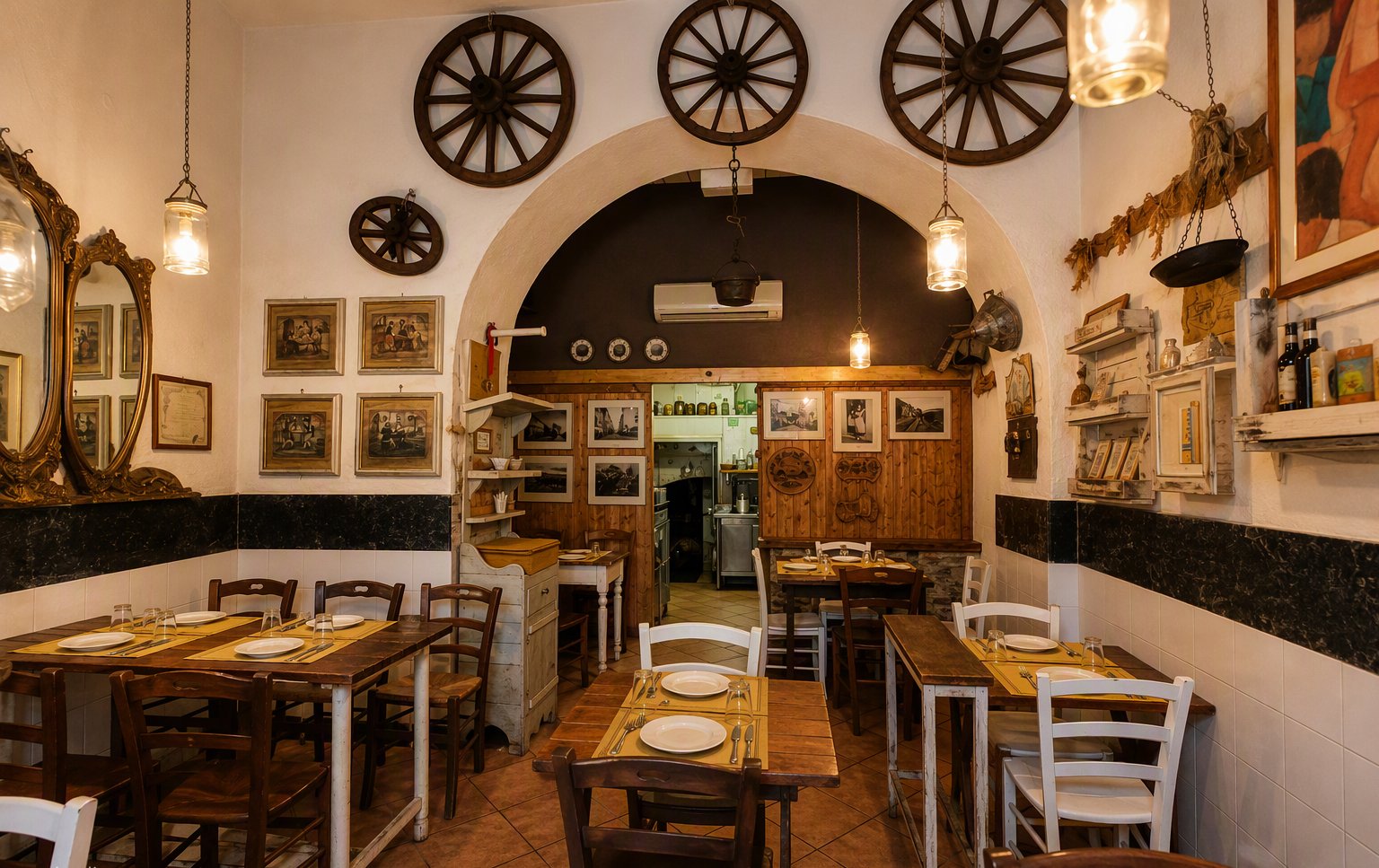 La sala con l'arco, le ruote di legno e i tavoli apparecchiati