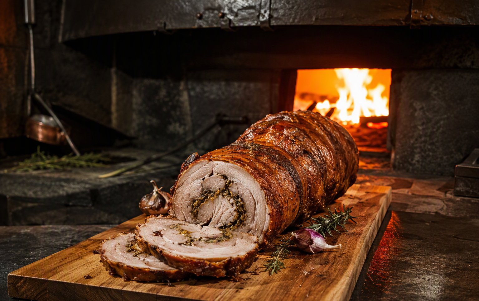 La porchetta intera appena sfornata davanti al forno a legna